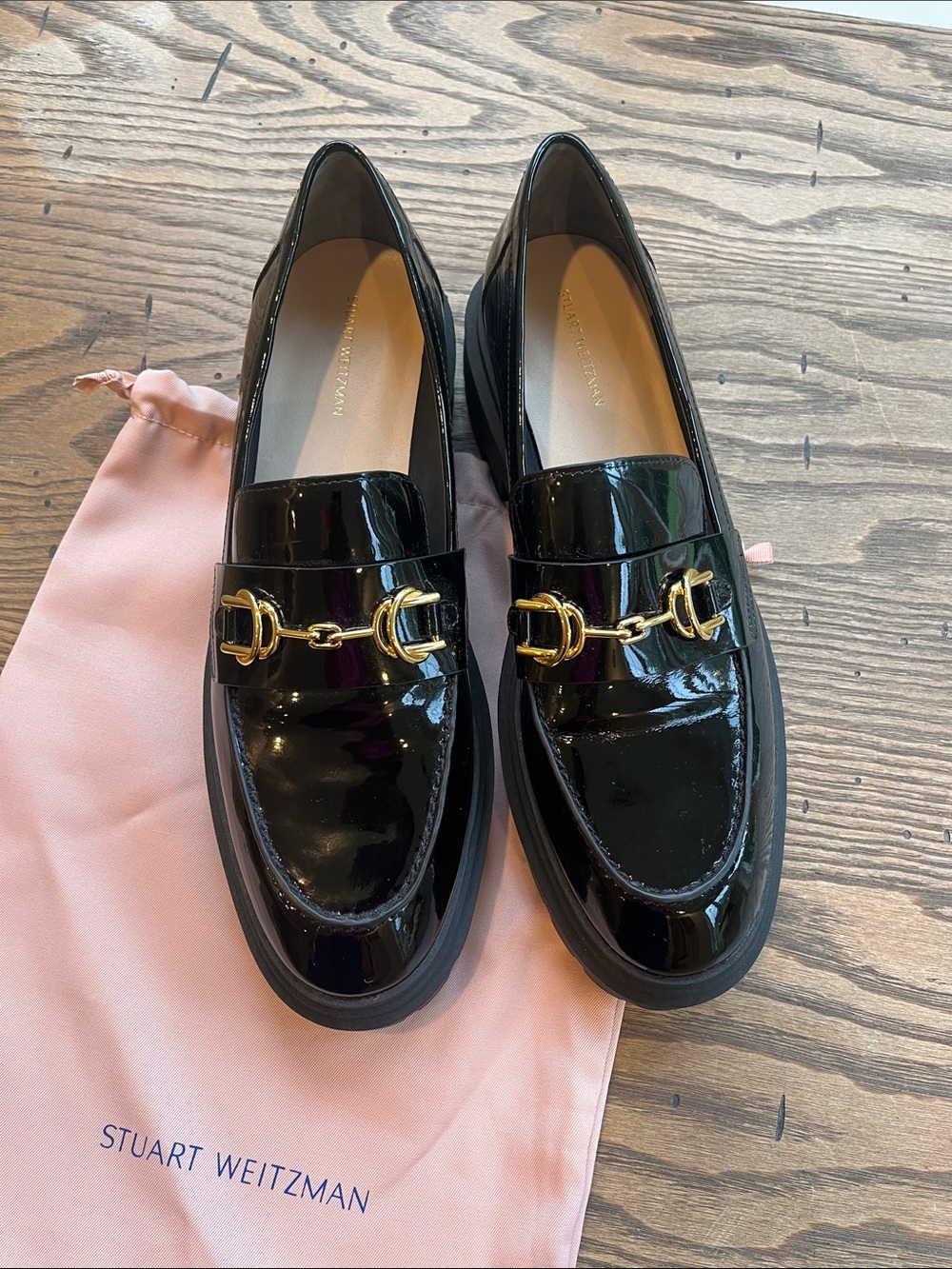 NEW! Stuart Weitzman Owen Ultra lug Black Patent Loafers Gold Bit Hardware 10.5